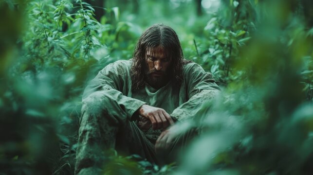 A rugged man sits amidst a lush green forest, lost in thought, embodying contemplation and connection with nature in a serene environment that speaks to the soul.