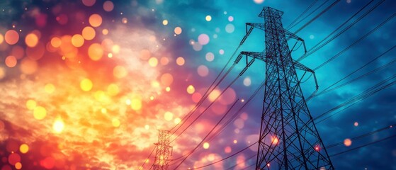 Power lines silhouette against colorful bokeh sunset