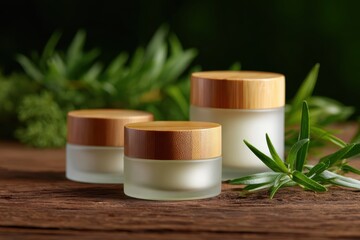 Set of eco-friendly skincare jars with bamboo lids on rustic wooden table surrounded by fresh herbs