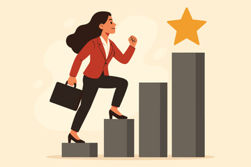 Ambitious businesswoman climbing career ladder for professional success, corporate achievement, workplace leadership, empowerment, motivation, goal setting, female executive vector illustration