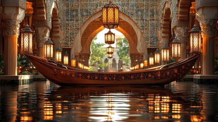 Obraz premium Ornate wooden boat floats on a tranquil water feature in a detailed architectural setting.