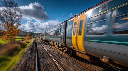 Fototapeta premium A sleek train rushes past the green fields and colorful autumn trees, surrounded by a bright blue sky filled with fluffy clouds, capturing the essence of travel and nature.