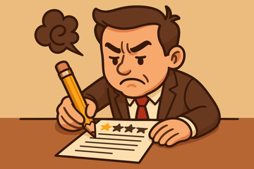 Angry businessman writing negative review, dissatisfied customer complaint, poor service feedback, one star rating, cartoon male character, frustration, vector illustration, customer dissatisfaction