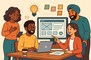 Diverse team brainstorming web design project in creative modern workspace, teamwork collaboration, UX UI planning, technology innovation, office meeting, digital strategy, vector illustration