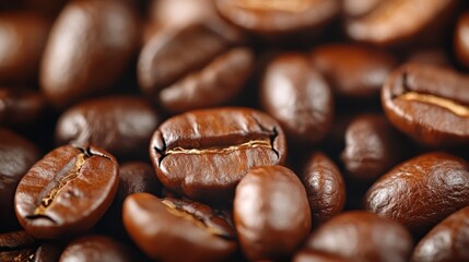 A stunning close-up of freshly roasted coffee beans reveals their rich texture and deep color, highlighting the sensory pleasures that come from a perfect cup of coffee.