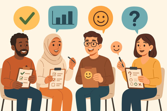 Diverse focus group taking market research survey, analyzing customer feedback, collecting public opinion, gathering consumer insights, teamwork discussion, vector illustration, business concept - Powered by Adobe
