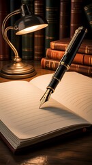 Elegant fountain pen on open notebook near desk lamp