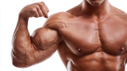 Fototapeta premium A muscular individual flexes their arm, displaying impressive strength and definition in their biceps and chest. The high-contrast lighting accentuates their toned physique.