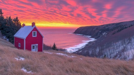Red cottage at sunrise over a wintry coastal landscape