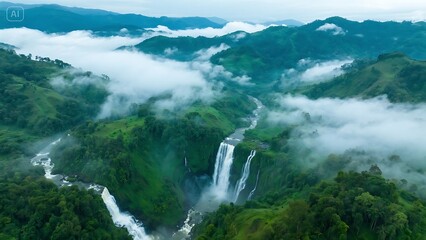 a drone view of waterfalls, hills and clouds in bandarban
