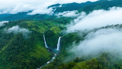 a drone view of waterfalls, hills and clouds in bandarban