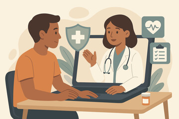 Telemedicine consultation with doctor and patient using laptop for online medical examination, digital healthcare platform, remote health check-up, health insurance, virtual medical service vector