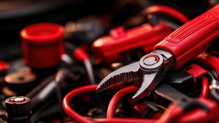 An intricate close-up image capturing a detailed arrangement of red tools and mechanical components, showcasing the beauty of engineering and craftsmanship in a visually compelling manner.