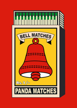 Vintage Indian Matchbox Art &ndash; ball, ringer Matches Vector icon. Classic and Old-Style Matchbox Vector chime in Old Indian Design Style. Retro Antique Design Matches Packaging & buzzer Illustration