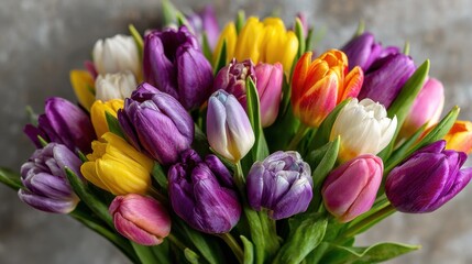 Obraz premium Freshly cut tulips in purple, yellow, orange, and white colors create a vibrant bouquet. The flowers showcase their natural beauty against a subtle gray background.