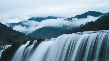 a close view of waterfalls, hills and clouds in bandarban