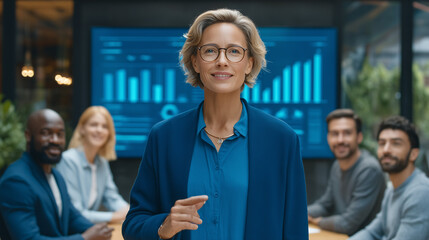 An engaged team of casually-dressed colleagues collaborates in a sunlit tech startup office, focused on a dynamic presentation on a wall-mounted display.