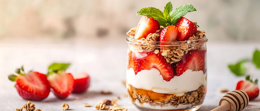 Strawberry Yogurt Parfait with Granola and Mint