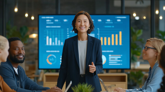 A diverse team of business professionals in a bright, modern office are actively problem-solving around a large digital screen showing data graphs.