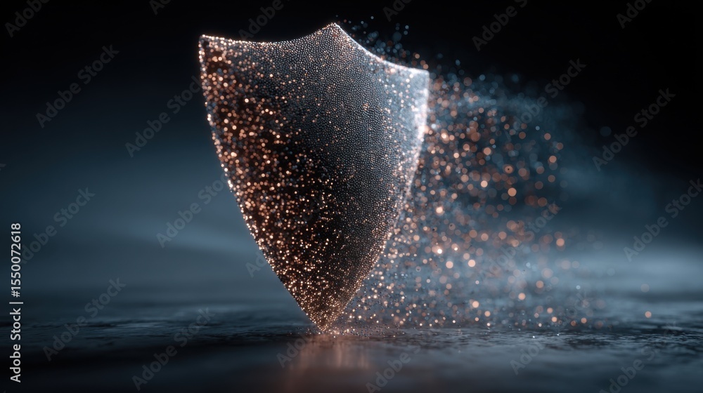 Poster a glowing digital shield made of particles is dispersing in a dark environment, representing advance