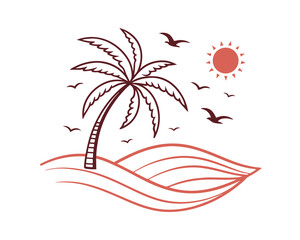 Palm Tree on Sandy Beach with Wavy Lines and Birds