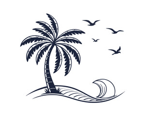 Palm Tree on Island Beach with Ocean Wave and Flying Birds Illustration