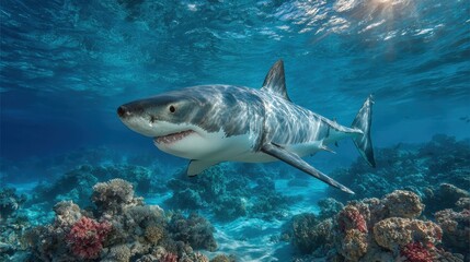 Obraz premium A great white shark glides through crystal clear tropical waters, showcasing its powerful body and sharp teeth. Colorful coral reefs provide a stunning backdrop for this underwater moment.