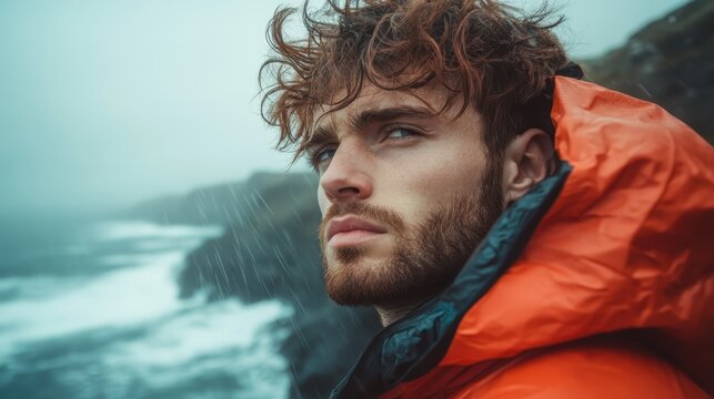 A young man gazes thoughtfully at the ocean from foggy cliffs, reflecting on the beauty of nature and the deep emotions evoked by the untamed elements around him.