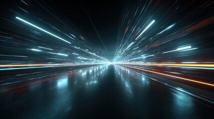 Fototapeta premium Bright beams of light race towards a central point, creating a sense of speed and motion. The reflective surface enhances the dramatic effect of the colors in this surreal setting.