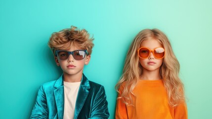 A captivating image of two fashionable children sporting stylish sunglasses, showcasing modern trends against a bright and colorful backdrop that exudes youthful energy and charm.