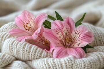 Soft pink alstroemeria blooms rest on an ivory, textured knitted wool fabric. Perfect for themes like spring, comfort, or feminine beauty.