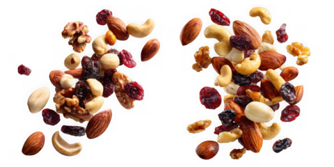A mix of nuts and dried fruits isolated on transparent background, showcasing a variety of colors and textures