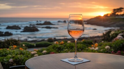 Ros? wine glass at sunset ocean view