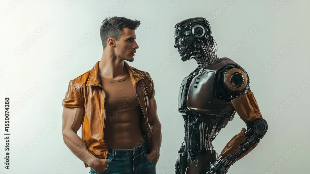 Aufkleber Confrontation or cooperation? A man and a robot in full growth, these are the next topics of artificial intelligence, humanity and the future.