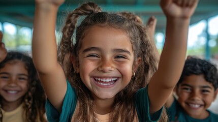 Fototapeta premium A group of cheerful children showcase pure happiness with raised arms, representing joy and togetherness in a vibrant outdoor setting filled with sunlight and excitement.