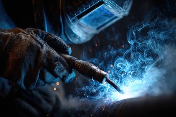 A welder focuses intently on a metal piece, generating bright blue sparks and swirling smoke in a dimly lit workshop during nighttime