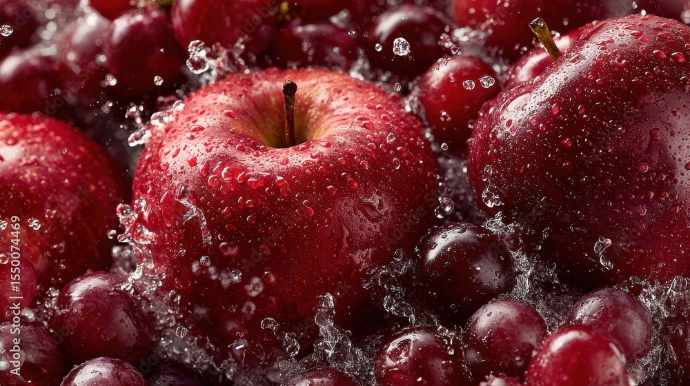 Poster juicy red apples and small bunches of grapes are splashing in water, creating a refreshing scene. br