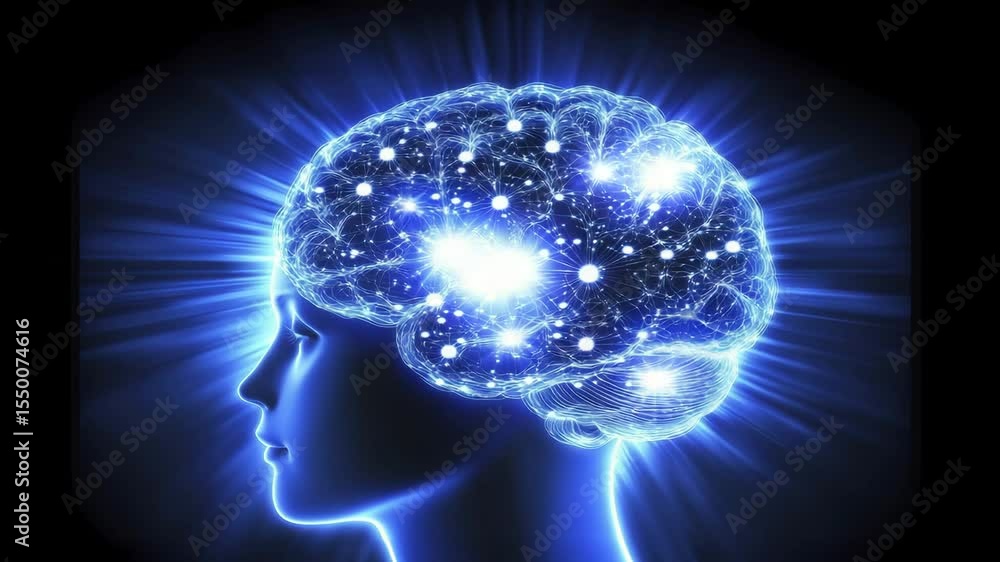 Poster Brain Concept: Bright flashes of light illustrate neural connections, symbolizing ideas, learning, and innovation. A fascinating visualization of brain activity, potential of artificial intelligence.