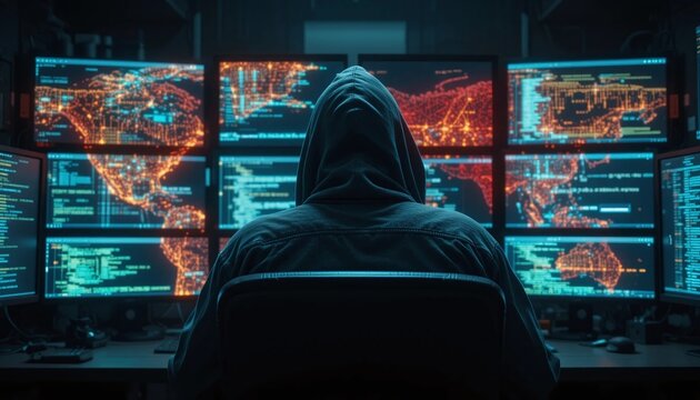A hooded figure sits before multiple computer screens displaying code and data, suggesting a cybersecurity professional or hacker