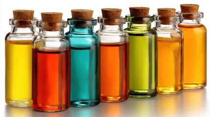 Eight glass bottles with cork stoppers contain brightly colored liquids in vibrant hues. The arrangement showcases a spectrum of colors, creating an eye-catching display on a polished surface.