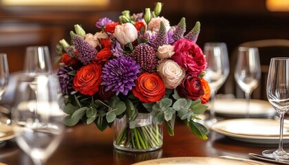Elegant flower arrangement of roses, tulips, dahlia blooms on formal table. Use for wedding, events, or floral design project; add beauty.