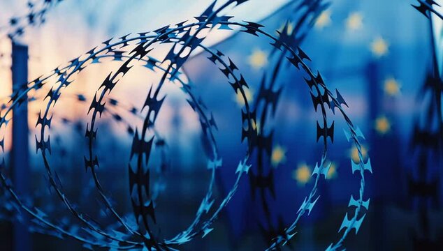 Close up view of razor wire with a sunset background. Concept of border and security.