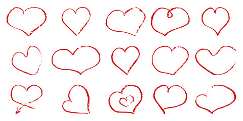 Set of hand drawn chalk hearts. Grunge childish drawing of hearts with crayon pencil texture. Different love hearts for Valentines Day	