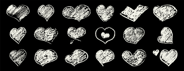Set of hand drawn chalk hearts. Grunge childish drawing of hearts with crayon pencil texture. Different love hearts for Valentines Day	
