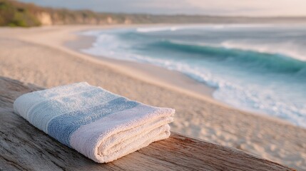 Beach towel is laying on a wooden bench by the ocean