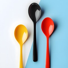 A minimalist flat-lay photograph featuring three glossy spoons in vibrant yellow, deep black, and bold red, arranged diagonally across a split white and pastel blue backdrop. 
