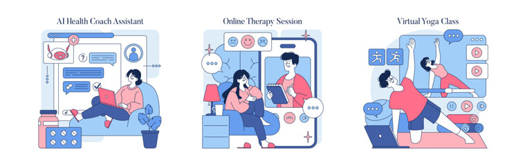 AI Health Coach and Online Therapy Vector Illustrations