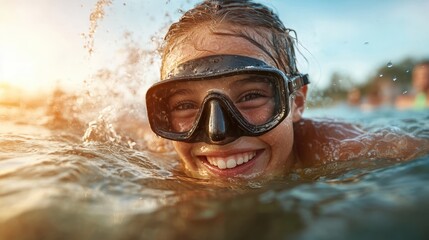 A joyful young girl with a snorkel grins while swimming in clear water, embodying the essence of childhood joy, adventure, and the beauty of a sunny day spent in nature's wonders.