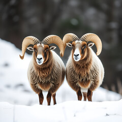 two rams standing in the snow with their horns curled