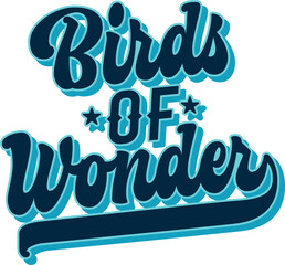 Birds Of Wonder. Groovy script lettering in a playful bold style with a vintage look. Typography for nature and birdwatching theme. The color palette combines deep blues and bright aquas.